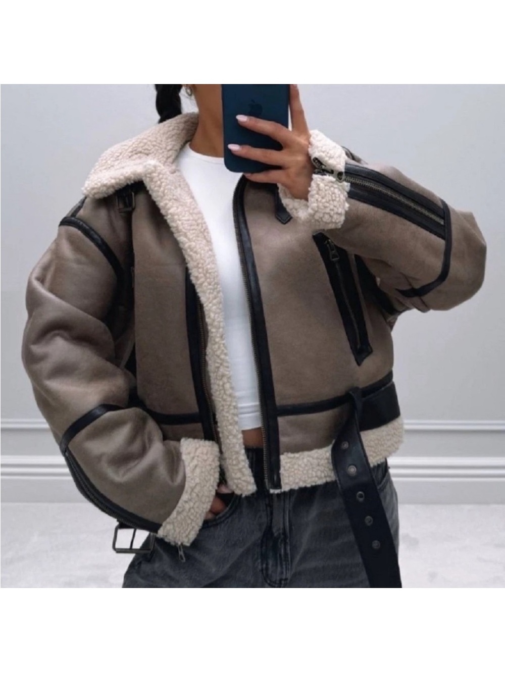 Zara Taupe Bomber Jacket with Cream Sherpa Trim